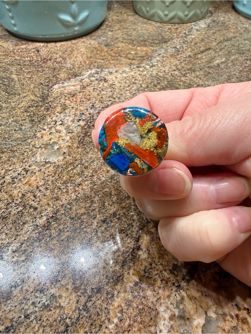 Spiny Oyster, Turquoise Eclectic Silver Artisan Ring, Size 8 (Red, Blue, Gold) - Picture 9 of 9